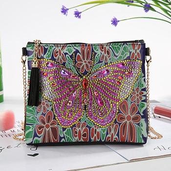 DIY Zipper Crossbody Bag Diamond Painting Kits, including PU Leather Bags, Resin Rhinestones, Diamond Sticky Pen, Tray Plate and Glue Clay, Rectangle, Butterfly Pattern, 150x180mm