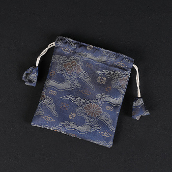 Rectangle Chinese Style Cloth Jewelry Drawstring Gift Bags for Earrings, Bracelets, Necklaces Packaging, Auspicious Cloud Pattern, Dark Slate Blue, 15x13cm