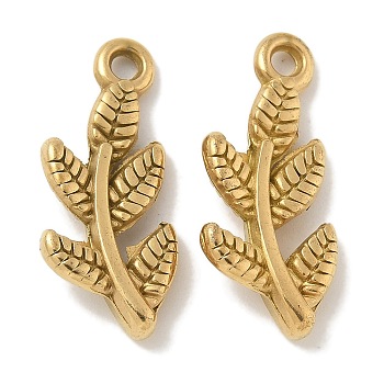 Ion Plating(IP) 304 Stainless Steel Pendants, Leafy Branch Charms, Real 18K Gold Plated, 22x10x3mm, Hole: 1.8mm