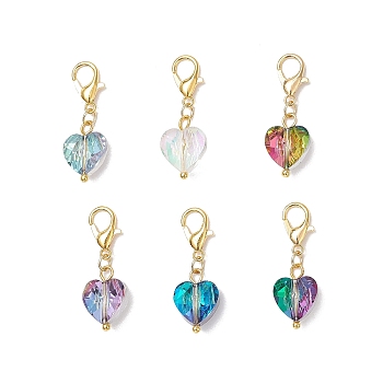10Pcs Heart Glass Pendant Decorations, with Zinc Alloy Lobster Claw Clasps, Golden, 28mm