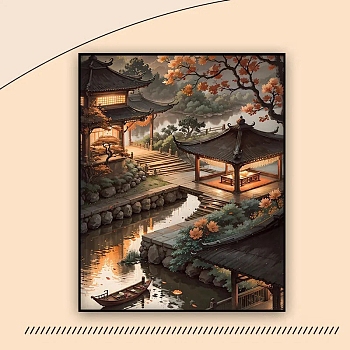 Chinese Style Building Scenery DIY Diamond Painting Kit, Including Resin Rhinestones Bag, Diamond Sticky Pen, Tray Plate and Glue Clay, Coffee, 500x400mm