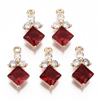 Brass Micro Pave Cubic Zirconia Links, with Glass, Long-Lasting Plated, Light Gold, Rhombus, Red, 17x8x4mm, Hole: 1.4mm