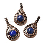 Natural Dyed Lapis Lazuli Pendants, Brass Teardrop Charms, Red Copper, Lead Free & Cadmium Free, 30x19.5x7.5mm, Hole: 5x8mm(G-H065-02R-16)