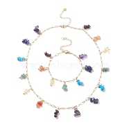 Natural & Synthetic Mixed Gemstone Chips Charm Bracelet and Necklace, 7 Chakra Jewelry Set with Brass Chains for Women, Golden, 7-1/4 inch(18.3cm), 17.91 inch(45.5cm)(SJEW-JS01234)