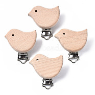 Beech Wood Baby Pacifier Holder Clips, with Iron Clips, Bird, Platinum, BurlyWood, 47x44x18mm, Hole: 3.5x6mm, bird: 33~36x42mm(WOOD-T015-06-01)