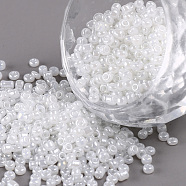 (Repacking Service Available) Glass Seed Beads, Ceylon, Round, White, 12/0, 2mm, Hole: 1mm, about 12g/bag(SEED-C020-2mm-141)