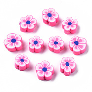 Handmade Polymer Clay Beads, Flower, Hot Pink, 7~10x7~11x3~5mm, Hole: 1.6mm(CLAY-S096-006F)