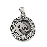 304 Stainless Steel Pendants, Flat Round with Wolf, Antique Silver, 41.5x34.5x2.5mm, Hole: 4x8mm(STAS-C053-18AS)
