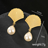 Exquisite Stainless Steel Ginkgo Plastic Pearl Stud Earrings, Golden, 50x25mm(IY9095)