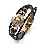 Braided Leather Cord Retro Multi-strand Bracelets, with Wood Beads, Hematite Beads and Alloy Findings, Flat Round,  Antique Bronze, Leo, 8-1/4 inch(21cm)(BJEW-L616-20B)