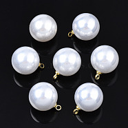 ABS Plastic Imitation Pearl Pendants, with Brass Findings, Round, White, 15.5x12mm, Hole: 1.5mm(SACR-T360-03)