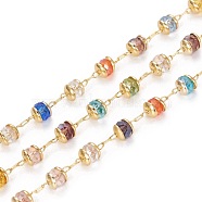 Handmade Glass Beaded Chains, with Brass Findings, Long-Lasting Plated, Rondelle, Faceted, Soldered, Golden, Colorful, 4mm, about 3.28 Feet(1m)/roll(X-KK-I647-13C)