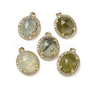 Natural Prehnite Faceted Oval Pendants, Rack Plating Brass Micro Pave Cubic Zirconia Charms, Golden, 15.5x11x4.5mm, Hole: 1.4mm(G-I375-02G-04)