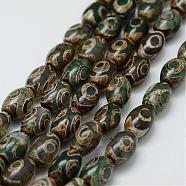 Tibetan Style 3-Eye dZi Beads Strands, Natural Agate Beads, Dyed & Heated, Barrel, Dark Olive Green, 12x8mm, Hole: 2mm, about 30pcs/strand, 13.9 inch(355mm)(TDZI-G010-A04)