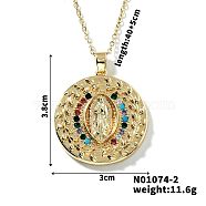 Brass Pave Cubic zirconia Flat Round with Virgin Mary Pendant Necklaces, Golden, Colorful, 15.75 inch(40cm)(MI1997-2)