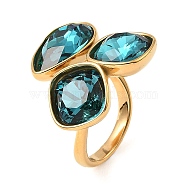 Teardrop & Square Glass Open Cuff Rings, Real 18K Gold Plated 304 Stainless Steel Ring, Dark Turquoise, US Size 7 1/4(17.5mm)(RJEW-G289-01G-03)