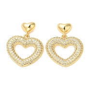 Rack Plating Brass Heart Dangle Stud Earrings with Cubic Zirconia, Lead Free & Cadmium Free, Real 18K Gold Plated, 25mm(EJEW-D064-08G)