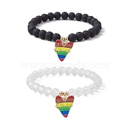 2Pcs 2 Style Synthetic Hematite & Glass Round Beaded Stretch Bracelets Set, Pride Rainbow Flag Alloy Enamel Charms Stackable Bracelets, Heart, Inner Diameter: 2-3/8 inch(5.9~6.1cm), 1Pc/style(BJEW-JB10051-03)