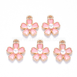 Alloy Enamel Charms, with ABS Plastic Imitation Pearl, Sakura Flower, Light Gold, Light Coral, 14.5x11.5x4.5mm, Hole: 1.2mm(X-ENAM-N054-028C)