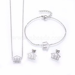 (Jewelry Parties Factory Sale), 304 Stainless Steel Jewelry Sets, Pendant Necklaces & Stud Earrings & Bracelets, House with Girl, Stainless Steel Color, 16.54 inch(42cm), 7-1/8 inch(18cm), 11x15x1mm, Pin: 0.8mm(SJEW-H138-06P)