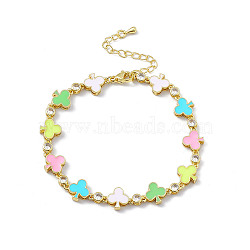 Colorful Enamel Ace & Cubic Zirconia Link Chain Bracelet, Brass Jewelry for Women, Golden, 7-5/8 inch(19.4cm)(BJEW-P288-13G)