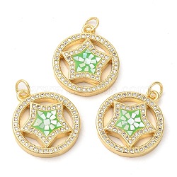 Rack Plating Brass Cubic Zirconia Pendants, with Enamel & Shell, Long-Lasting Plated, Lead Free & Cadmium Free, Real 18K Gold Plated, with Jump Rings, Flat Round & Star, Light Green, 21x18x4mm, Hole: 3mm(KK-K385-081G-01)