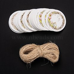 Flat Round Paper Gift Tags, Hang Tags, with Jute Twine, for Wedding Party Decorate, Flower Pattern, 4x0.05cm, Hole: 3mm, 50pcs/bag(CDIS-P005-B01)