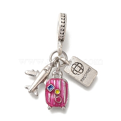 Rack Plating Alloy Hot Pink Enamel European Dangle Charms, Plane & Suitcase & Passport Large Hole Charms, Antique Silver, 32mm, Hole: 5mm(PALLOY-P307-01AS)