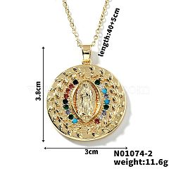 Brass Pave Cubic zirconia Flat Round with Virgin Mary Pendant Necklaces, Golden, Colorful, 15.75 inch(40cm)(MI1997-2)