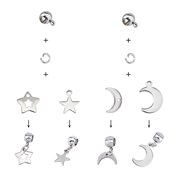 Unicraftale DIY Pendant Jewelry Making Kits, 304 Stainless Steel Pendants & Tube Bails & Jump Rings, Star & Moon, Stainless Steel Color, 130pcs/box