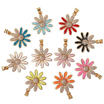10Pcs 10 Colors Real 18K Gold Plated Brass Micro Pave Clear Cubic Zirconia Pendants, with Enamel, Long-Lasting Plated, Flower, Mixed Color, 22.5x19.5x3.5mm, Hole: 3.5x4mm, 1pc/color