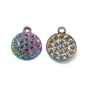 Ion Plating(IP) 304 Stainless Steel Pendants Rhinestone Settings, Flat Round, Rainbow Color, 15x12x2.5mm, Hole: 1.6mm, Fit For 1.5mm Rhinestone