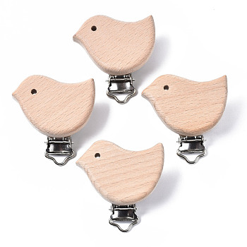 Beech Wood Baby Pacifier Holder Clips, with Iron Clips, Bird, Platinum, BurlyWood, 47x44x18mm, Hole: 3.5x6mm, bird: 33~36x42mm