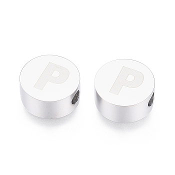 304 Stainless Steel Beads, Flat Round with Letter, Letter.P, 10x4.5mm, Hole: 2mm