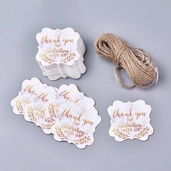 Floral Pattern Paper Gift Tags, Hang Tags, with Jute Twine, Square with Word Thank You for Celebrating with Us, Hot Pink, 5x5x0.05cm, Hole: 4mm, 50pcs/set