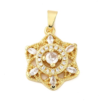 Rack Plating Brass Micro Pave Cubic Zirconia Pendants, Cadmium Free & Lead Free, Long-Lasting Plated, Flower, Real 18K Gold Plated, 22x17x5.5mm, Hole: 6x3mm