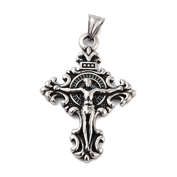 Retro 304 Stainless Steel Big Pendants, Cross with Jesus Charm, Antique Silver, 55x38x7mm, Hole: 4.5x9mm