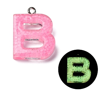 Luminous Resin Pendants, Glow in the Dark, with Platinum Plated Loop, Letter, Letter B, 23x18x5mm, Hole: 1.8mm