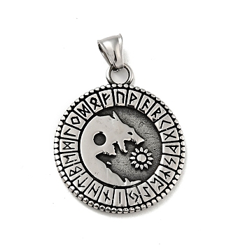304 Stainless Steel Pendants, Flat Round with Wolf, Antique Silver, 41.5x34.5x2.5mm, Hole: 4x8mm
