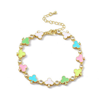 Colorful Enamel Ace & Cubic Zirconia Link Chain Bracelet, Brass Jewelry for Women, Golden, 7-5/8 inch(19.4cm)