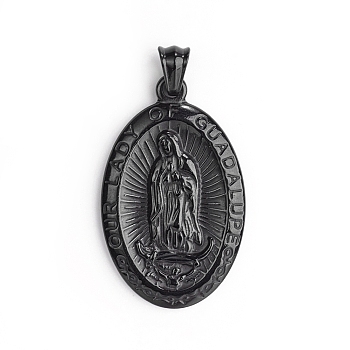 304 Stainless Steel Pendants, Oval with Our Lady of Guadalupe, Electrophoresis Black, 46x27.5x4mm, Hole: 5x8mm