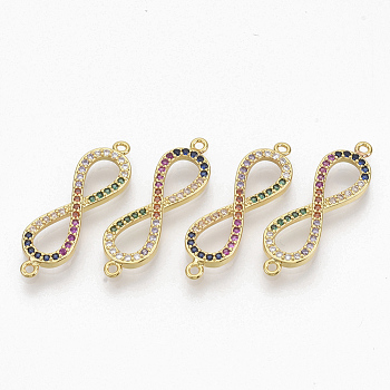 Brass Micro Pave Cubic ZirconiaLinks connectors, Infinity, Colorful, Golden, 9x29.5x2.5mm, Hole: 1.2mm