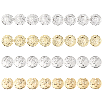32Pcs 2 Style Brass Charms, Long-Lasting Plated, Coin Charms, Flat Round, Mixed Color, 12.5~14x0.7~1mm, Hole: 1mm, 8pcs/color, 2 colors/style
