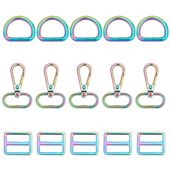 15Pcs 3 Style Rainbow Color Zinc Alloy Swivel Clasps, with D Rings, Slider Buckles, for Bag Replacement Accessories, 4.7~50x4.7~31.5x3.6~6mm, 3 style, 5pcs/style