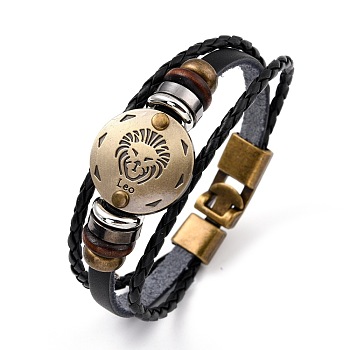 Braided Leather Cord Retro Multi-strand Bracelets, with Wood Beads, Hematite Beads and Alloy Findings, Flat Round,  Antique Bronze, Leo, 8-1/4 inch(21cm)