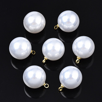 ABS Plastic Imitation Pearl Pendants, with Brass Findings, Round, White, 15.5x12mm, Hole: 1.5mm