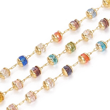 Handmade Glass Beaded Chains, with Brass Findings, Long-Lasting Plated, Rondelle, Faceted, Soldered, Golden, Colorful, 4mm, about 3.28 Feet(1m)/roll