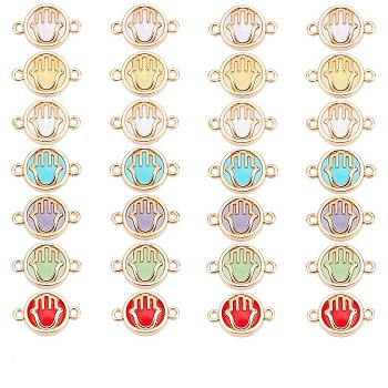 ARRICRAFT 32Pcs 7 colors Glass Connector Charms, with Light Gold Plated Alloy Findings, Flat Round with Hamsa Hand, Mixed Color, 13.5x19.5x5.5mm, Hole: 1.6mm