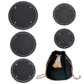 Elite 5Pcs 5 Style Flat Round PU Leather Knitting Crochet Bags Nail Bottom Shaper Pad, with Alloy Nail, for Bag Bottom Accessories, Black, 12.2~19x0.36~1cm, Hole: 5mm, 1pc/style
