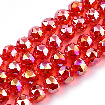 Electroplate Transparent Glass Beads Strands, Faceted, Round, Red, 8x7.5mm, Hole: 1mm, about 70~72pcs/strand, 20.67 inch~21.26 inch(52.5~54cm)